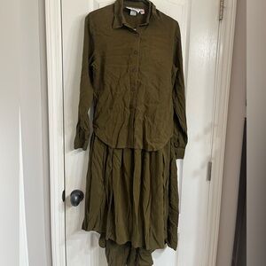 Vintage 1990’s On the Verge Army Green Button up & Broomstick Skirt 2‎ Piece Set